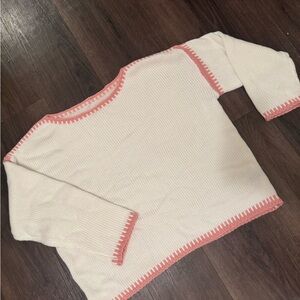 SHEIN Cream Knit Crewneck Sweater with Pink Trim